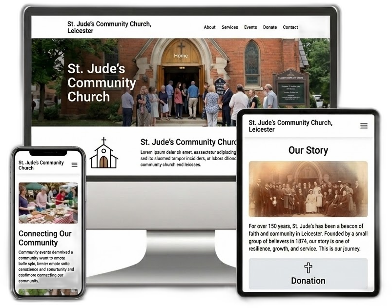 Preview of a churchsite.uk website shown on a desktop, tablet, and phone